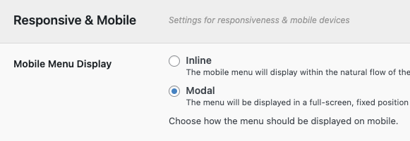 Mobile Menu Display setting set to "Modal"