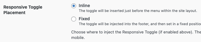 Responsive Toggle Placement setting set to "Inline"