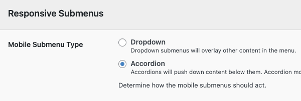 Mobile Submenu Type setting set to "Accordion"