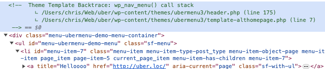 wp_nav_menu() theme template backtrace in the HTML